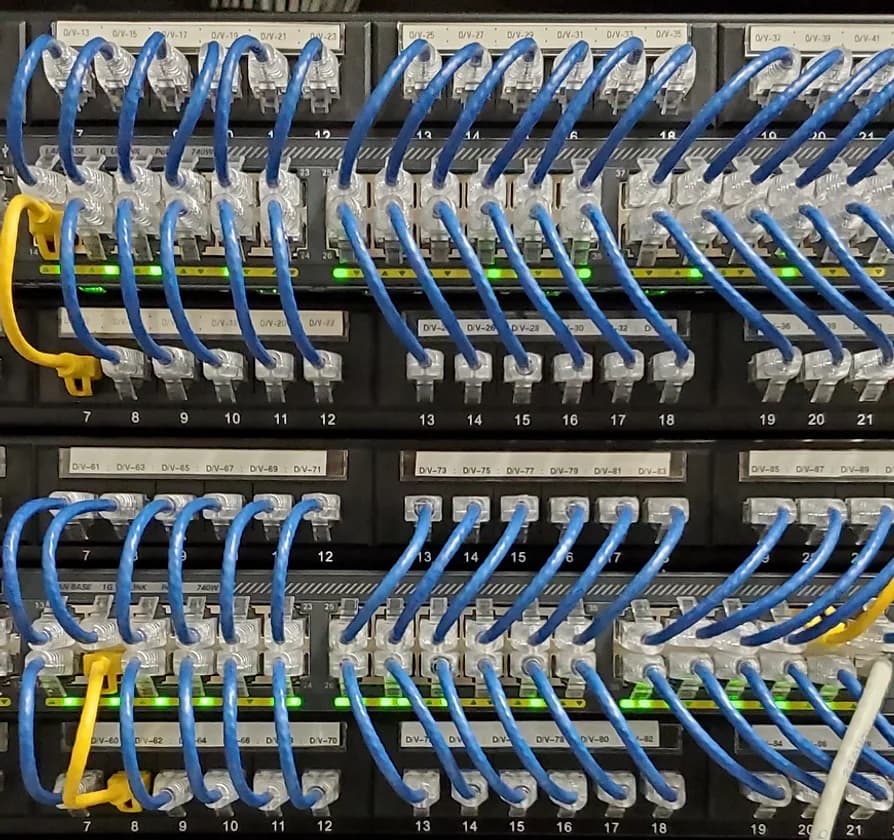 A network patch panel with blue and yellow cabling