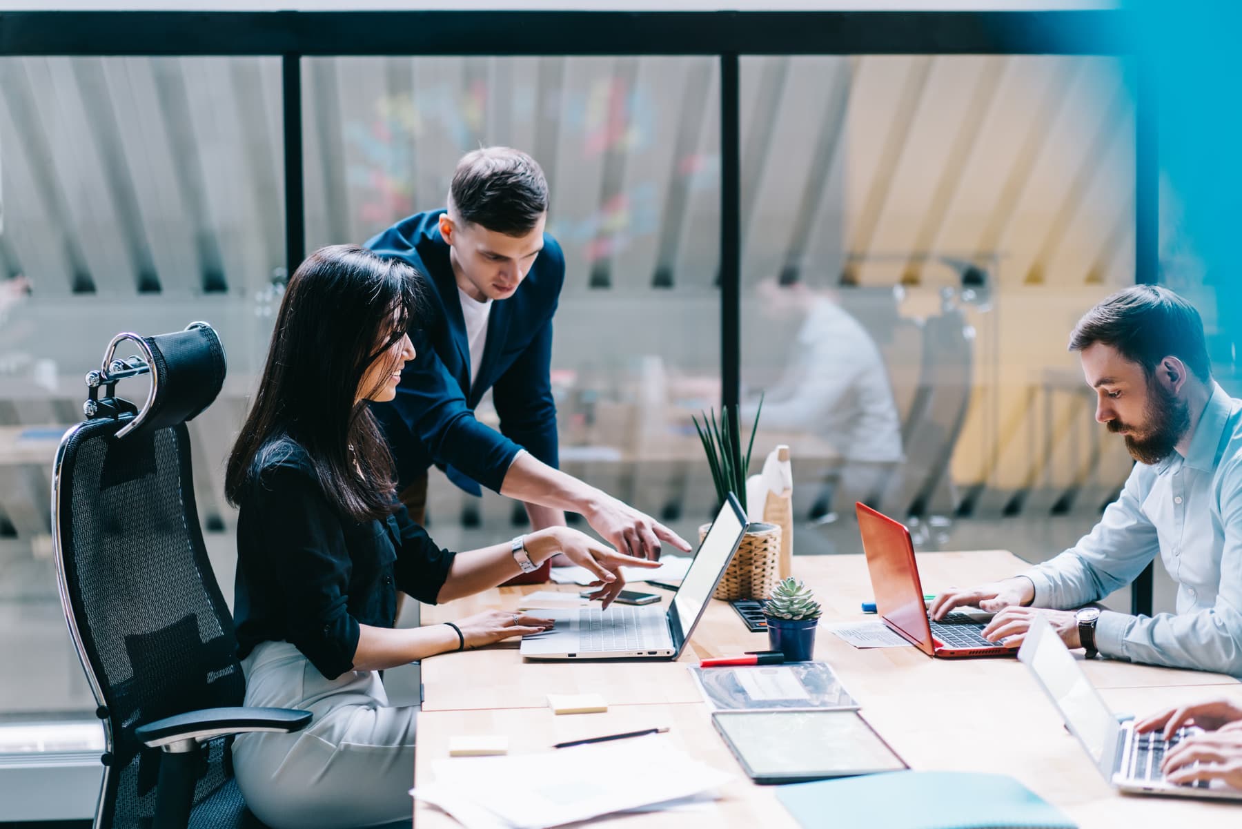 A team working together at laptops in an open-plan office